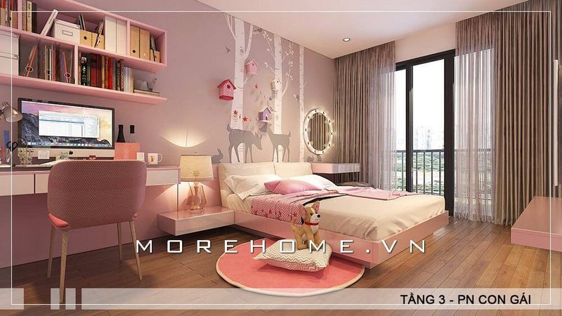 Mẫu giường ngủ con gái tại nhà phố hiện đại, tab đầu giường liền mạch tạo sự thuận tiện cho con trong quá trình sử dụng